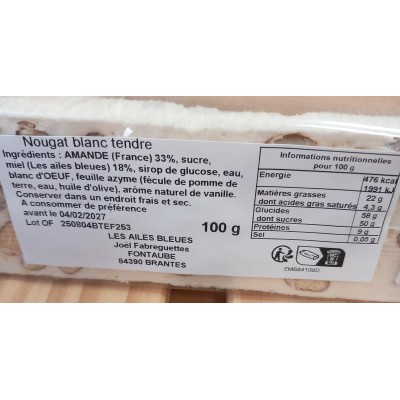 Nougat Blanc 100g Les ailes bleues apiculteur .